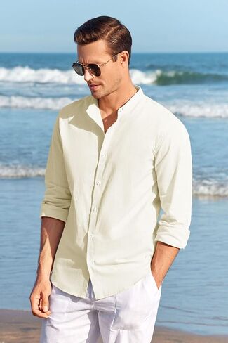 Makkrom Men Linen Shirt Button Down Long Sleeve Cotton Beach Band Collar Casual Summer Shirts in Kuwait