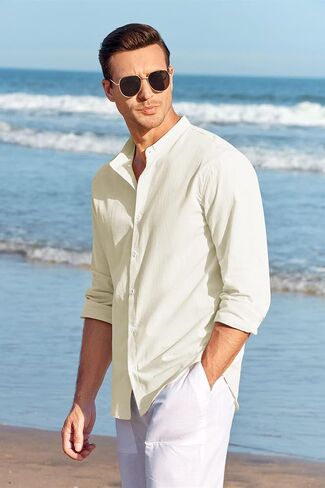 Makkrom Men Linen Shirt Button Down Long Sleeve Cotton Beach Band Collar Casual Summer Shirts in Kuwait
