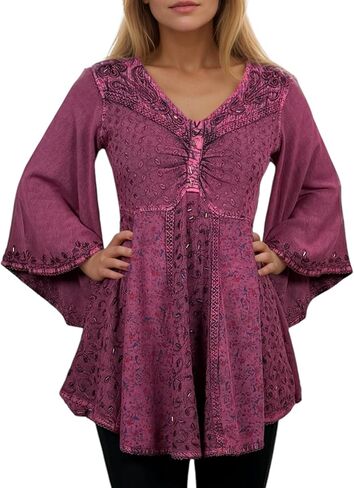 Agan Traders Fall 3/4 Bell Sleeve V Neck Embellishment Bohemian Tops for Women - Sequin Beaded Flared Vintage Women's Blouses in Kuwait