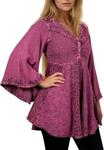 Agan Traders Fall 3/4 Bell Sleeve V Neck Embellishment Bohemian Tops for Women - Sequin Beaded Flared Vintage Women's Blouses in Kuwait