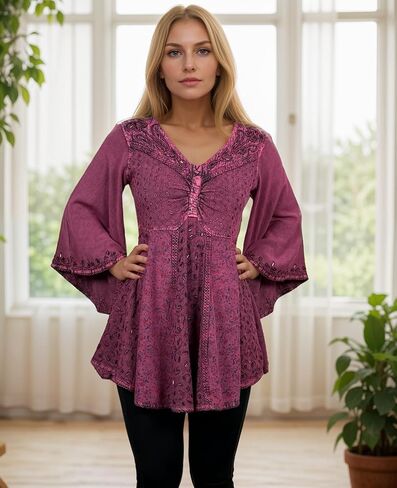 Agan Traders Fall 3/4 Bell Sleeve V Neck Embellishment Bohemian Tops for Women - Sequin Beaded Flared Vintage Women's Blouses in Kuwait