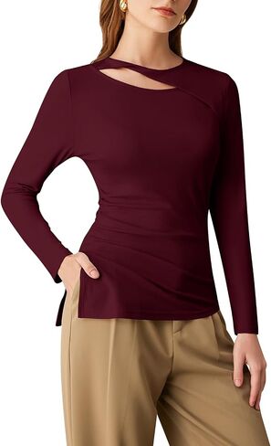 GRACE KARIN Womens Crewneck Cutout Long Sleeve Tops Twist Fitted Ruched Slit Asymmetrical Hem T-Shirts Tees Fall Tunic Top in Saudi Arabia