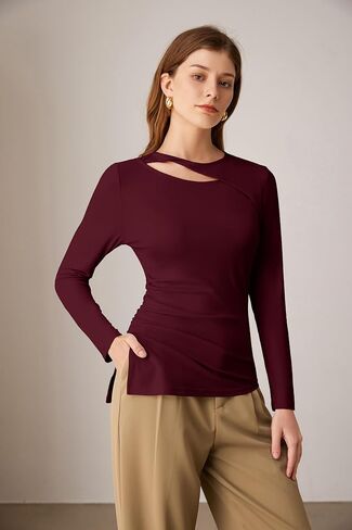 GRACE KARIN Womens Crewneck Cutout Long Sleeve Tops Twist Fitted Ruched Slit Asymmetrical Hem T-Shirts Tees Fall Tunic Top in Saudi Arabia