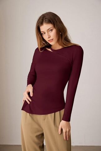 GRACE KARIN Womens Crewneck Cutout Long Sleeve Tops Twist Fitted Ruched Slit Asymmetrical Hem T-Shirts Tees Fall Tunic Top in Saudi Arabia