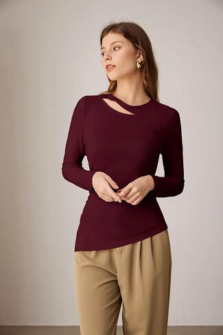 GRACE KARIN Womens Crewneck Cutout Long Sleeve Tops Twist Fitted Ruched Slit Asymmetrical Hem T-Shirts Tees Fall Tunic Top in Saudi Arabia