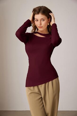 GRACE KARIN Womens Crewneck Cutout Long Sleeve Tops Twist Fitted Ruched Slit Asymmetrical Hem T-Shirts Tees Fall Tunic Top in Saudi Arabia