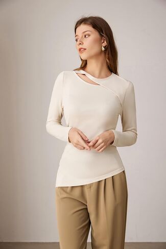 GRACE KARIN Womens Crewneck Cutout Long Sleeve Tops Twist Fitted Ruched Slit Asymmetrical Hem T-Shirts Tees Fall Tunic Top in Saudi Arabia