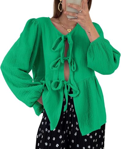 Tankaneo Womens Bow Tie Front Tops Babydoll Puff Long Sleeve Blouse Y2k Cotton Shirt in Saudi Arabia