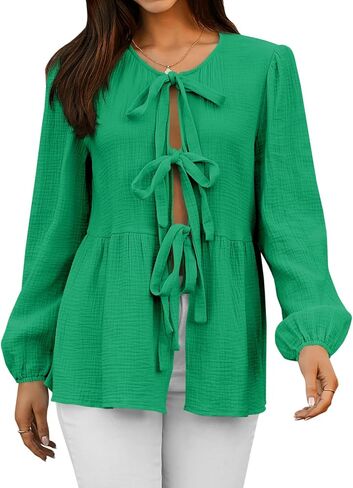 Tankaneo Womens Bow Tie Front Tops Babydoll Puff Long Sleeve Blouse Y2k Cotton Shirt in Saudi Arabia