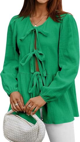 Tankaneo Womens Bow Tie Front Tops Babydoll Puff Long Sleeve Blouse Y2k Cotton Shirt in Saudi Arabia