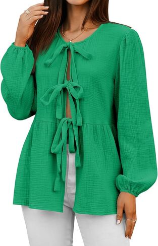 Tankaneo Womens Bow Tie Front Tops Babydoll Puff Long Sleeve Blouse Y2k Cotton Shirt in Saudi Arabia