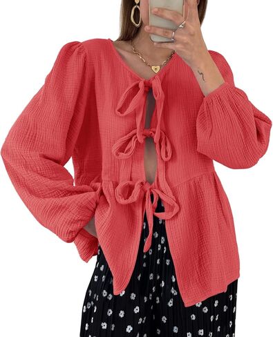 Tankaneo Womens Bow Tie Front Tops Babydoll Puff Long Sleeve Blouse Y2k Cotton Shirt in Saudi Arabia