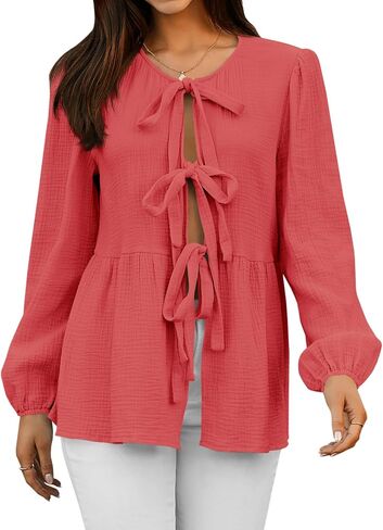 Tankaneo Womens Bow Tie Front Tops Babydoll Puff Long Sleeve Blouse Y2k Cotton Shirt in Saudi Arabia