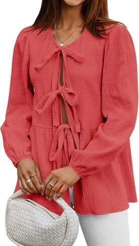 Tankaneo Womens Bow Tie Front Tops Babydoll Puff Long Sleeve Blouse Y2k Cotton Shirt in Saudi Arabia
