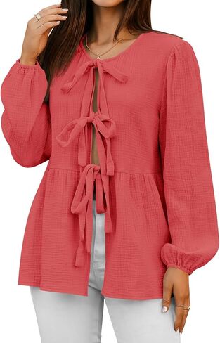 Tankaneo Womens Bow Tie Front Tops Babydoll Puff Long Sleeve Blouse Y2k Cotton Shirt in Saudi Arabia