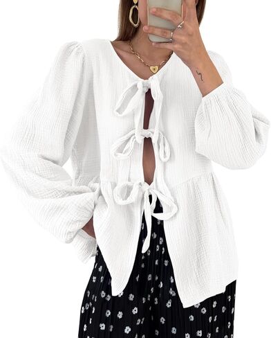 Tankaneo Womens Bow Tie Front Tops Babydoll Puff Long Sleeve Blouse Y2k Cotton Shirt in Saudi Arabia
