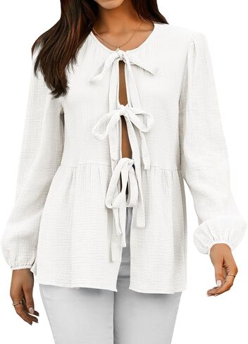 Tankaneo Womens Bow Tie Front Tops Babydoll Puff Long Sleeve Blouse Y2k Cotton Shirt in Saudi Arabia