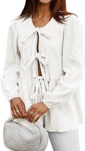 Tankaneo Womens Bow Tie Front Tops Babydoll Puff Long Sleeve Blouse Y2k Cotton Shirt in Saudi Arabia