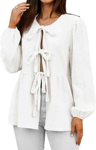 Tankaneo Womens Bow Tie Front Tops Babydoll Puff Long Sleeve Blouse Y2k Cotton Shirt in Saudi Arabia