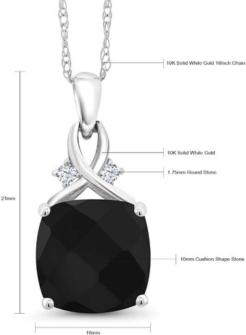 عقد بقلادة من العقيق الأسود من الذهب الأبيض عيار 10 قيراط من Gem Stone King للنساء (3.68 قيراط، حجر ميلاد ديسمبر من الأحجار الكريمة، قطع وسادة الشطرنج 10 مم، مع سلسلة 18 بوصة) in Saudi Arabia
