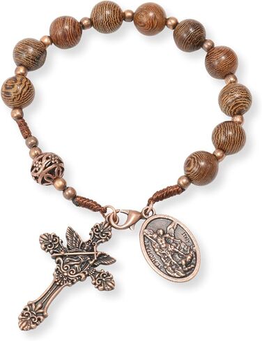Nazareth Store Wood Beads One Decade Rosary Handmade Pocket Car Mirror with Saint Medal and Jesus Cross in Antique Bronze Wooden Travel Friendly Rosary in Kuwait