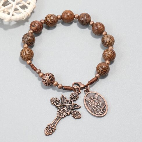Nazareth Store Wood Beads One Decade Rosary Handmade Pocket Car Mirror with Saint Medal and Jesus Cross in Antique Bronze Wooden Travel Friendly Rosary in Kuwait