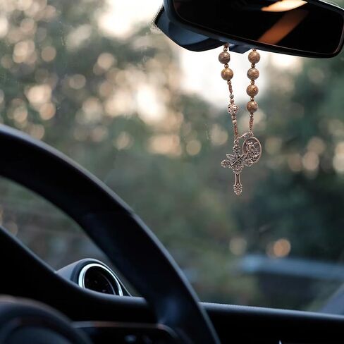 Nazareth Store Wood Beads One Decade Rosary Handmade Pocket Car Mirror with Saint Medal and Jesus Cross in Antique Bronze Wooden Travel Friendly Rosary in Kuwait
