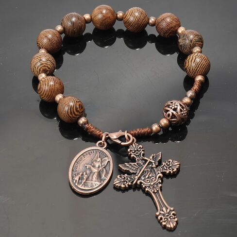 Nazareth Store Wood Beads One Decade Rosary Handmade Pocket Car Mirror with Saint Medal and Jesus Cross in Antique Bronze Wooden Travel Friendly Rosary in Kuwait