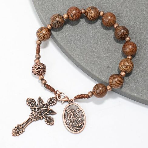 Nazareth Store Wood Beads One Decade Rosary Handmade Pocket Car Mirror with Saint Medal and Jesus Cross in Antique Bronze Wooden Travel Friendly Rosary in Kuwait