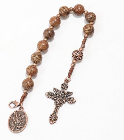 Nazareth Store Wood Beads One Decade Rosary Handmade Pocket Car Mirror with Saint Medal and Jesus Cross in Antique Bronze Wooden Travel Friendly Rosary in Kuwait