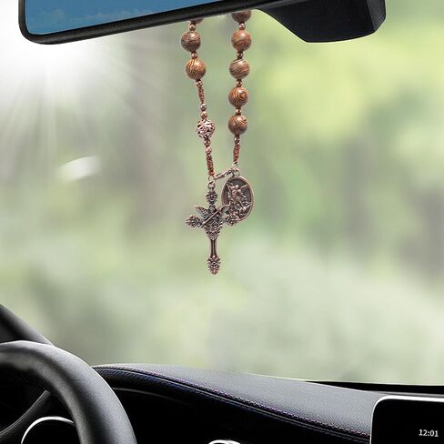 Nazareth Store Wood Beads One Decade Rosary Handmade Pocket Car Mirror with Saint Medal and Jesus Cross in Antique Bronze Wooden Travel Friendly Rosary in Kuwait