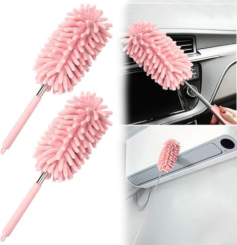 2Pcs Car Interior Duster with Extension Pole Soft Dash Vent Dusting Car Detailing Wash Brushes with Long Handle Duster Cleaner Tool New Car Must Haves for Car Cleaning Supplies (Pink) in Kuwait