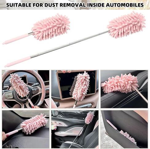 2Pcs Car Interior Duster with Extension Pole Soft Dash Vent Dusting Car Detailing Wash Brushes with Long Handle Duster Cleaner Tool New Car Must Haves for Car Cleaning Supplies (Pink) in Kuwait