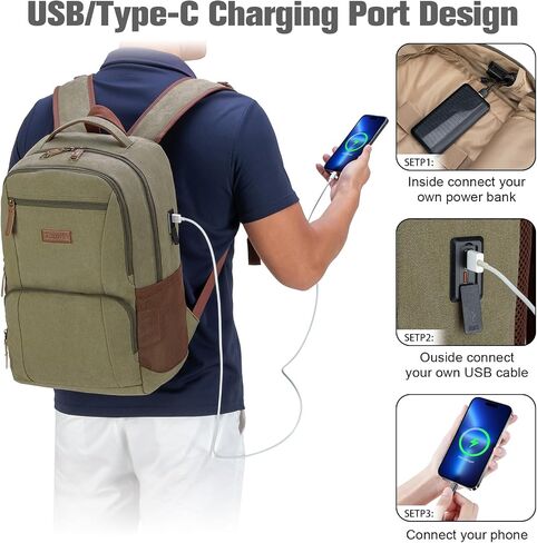 Tzowla Canvas Laptop College Backpack for Men and Women,Travel Work Vintage Rucksack with USB/Type-C Charging Port,Lightweight Hiking Casual Daypack Backpacks fit 15.6 inch Notebook,Black in Saudi Arabia