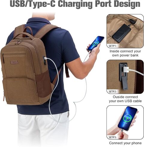 Tzowla Canvas Laptop College Backpack for Men and Women,Travel Work Vintage Rucksack with USB/Type-C Charging Port,Lightweight Hiking Casual Daypack Backpacks fit 15.6 inch Notebook,Black in Saudi Arabia