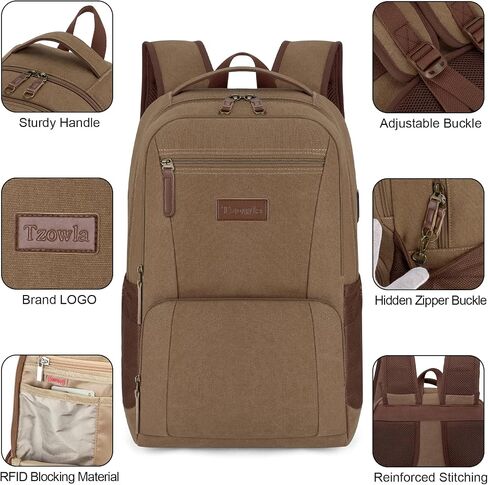 Tzowla Canvas Laptop College Backpack for Men and Women,Travel Work Vintage Rucksack with USB/Type-C Charging Port,Lightweight Hiking Casual Daypack Backpacks fit 15.6 inch Notebook,Black in Saudi Arabia