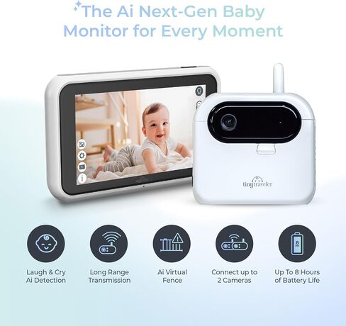 شاشة مراقبة الأطفال اللاسلكية الذكية Tiny Traveler Ai (TT006B) - تنبيهات السلامة التي تعمل بالذكاء الاصطناعي: اكتشاف البكاء/الضحك/الوقوف، سياج افتراضي، رؤية ليلية طويلة المدى 1000 قدم - ضوء ليلي - أسود in Kuwait