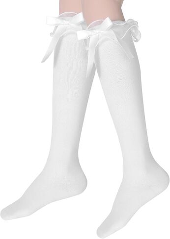Vin Beauty White Lace Knee High Socks Cotton Long Lolita Socks with Bow Ruffle Socks Calf Socks Bow Style Frilly Socks for Girls Women Socks for Daily Wear Dating Performances Parties in Saudi Arabia