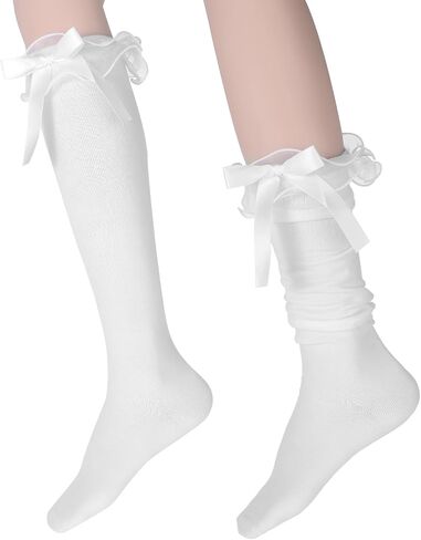 Vin Beauty White Lace Knee High Socks Cotton Long Lolita Socks with Bow Ruffle Socks Calf Socks Bow Style Frilly Socks for Girls Women Socks for Daily Wear Dating Performances Parties in Saudi Arabia