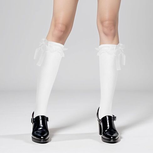 Vin Beauty White Lace Knee High Socks Cotton Long Lolita Socks with Bow Ruffle Socks Calf Socks Bow Style Frilly Socks for Girls Women Socks for Daily Wear Dating Performances Parties in Saudi Arabia