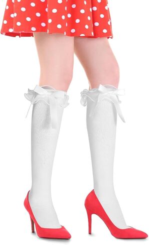 Vin Beauty White Lace Knee High Socks Cotton Long Lolita Socks with Bow Ruffle Socks Calf Socks Bow Style Frilly Socks for Girls Women Socks for Daily Wear Dating Performances Parties in Saudi Arabia
