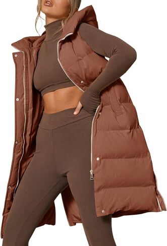 Inorin Womens Down Vest with Stand Collar Thick Hooded Sleeveless Long Coats Jacket in Kuwait