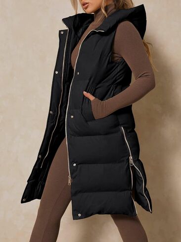Inorin Womens Down Vest with Stand Collar Thick Hooded Sleeveless Long Coats Jacket in Kuwait