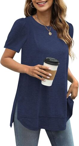JomeDesign Summer Tops for Women Trendy Short Sleeve Shirts Side Split Loose Casual Tunic Tops in Saudi Arabia
