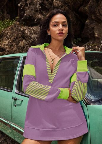 SENSERISE Womens Oversized Sweatshirt Striped Shirt Long Sleeve Color Block Tops Casual V Neck Polo Shirts Pullover in Kuwait