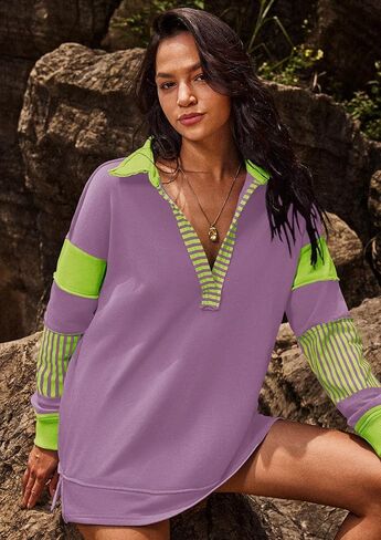 SENSERISE Womens Oversized Sweatshirt Striped Shirt Long Sleeve Color Block Tops Casual V Neck Polo Shirts Pullover in Kuwait