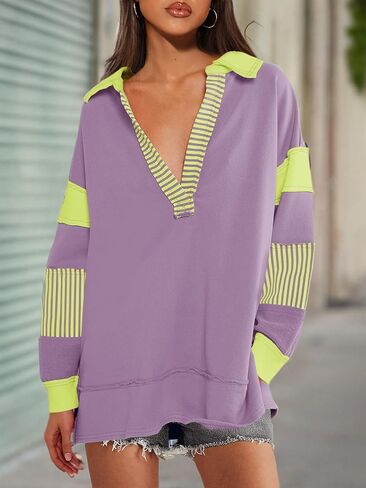 SENSERISE Womens Oversized Sweatshirt Striped Shirt Long Sleeve Color Block Tops Casual V Neck Polo Shirts Pullover in Kuwait