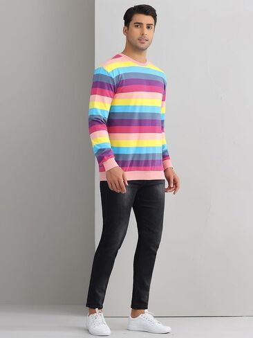 Lars Amadeus Rainbow Stripes Sweatshirt for Men's Crew Neck Multicolor Striped Pullover Sweatshirt in Kuwait