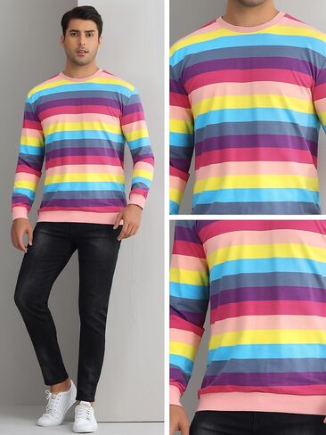 Lars Amadeus Rainbow Stripes Sweatshirt for Men's Crew Neck Multicolor Striped Pullover Sweatshirt in Kuwait