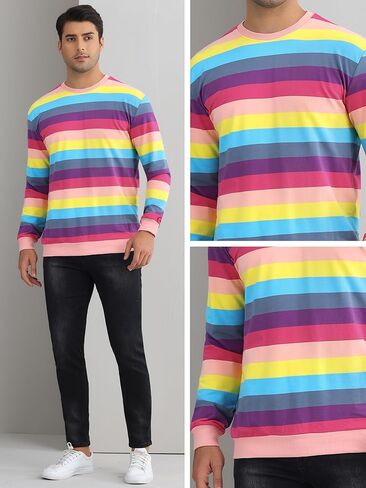 Lars Amadeus Rainbow Stripes Sweatshirt for Men's Crew Neck Multicolor Striped Pullover Sweatshirt in Kuwait